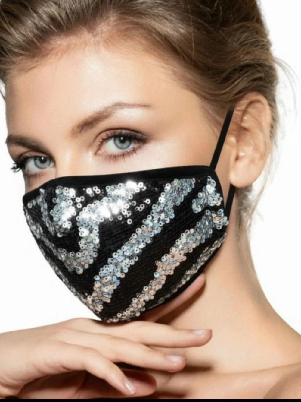 Black Silver Sequin Face Mask Sparkly Glam Reusable Stretch NWT Sealed